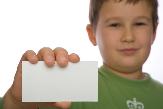 A boy holding a card ready for your text