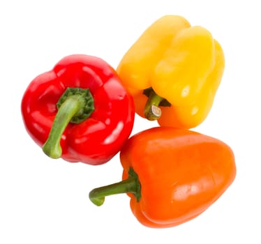 close-up three colour peppers, isolated on white