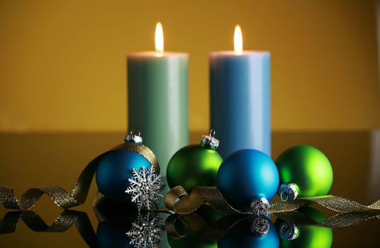 Christmas decorations on yellow background,focus on blue ball and gold ribbon