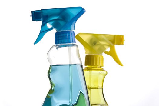 blue and yellow trigger spray bottles