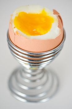 brown egg in an eggcup on white background