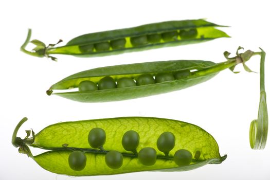 three open pea pods isolated on white