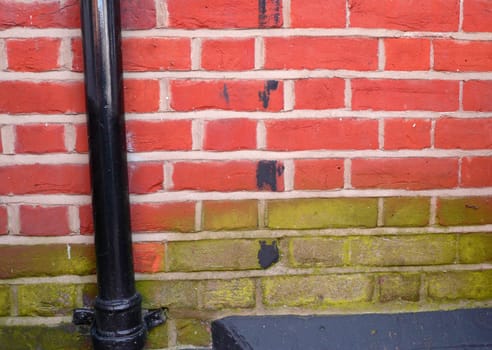 Old fashioned red brick wall with a black drain pipe