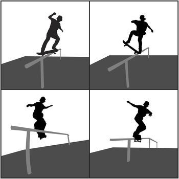 Four vector silhouettes of skateboarders on a rail.