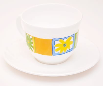 Empty tea cup saucer on white background