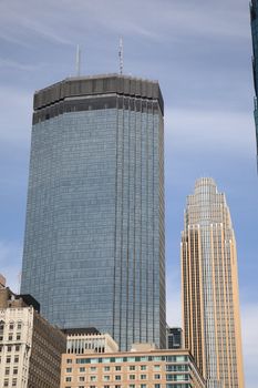 Skyscrapers of Minnesota city rise into a blue sky