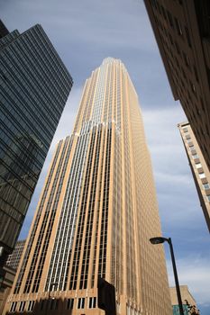 Skyscrapers of Minnesota city rise into a blue sky