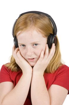 girl is  listening to music isolated on a white background