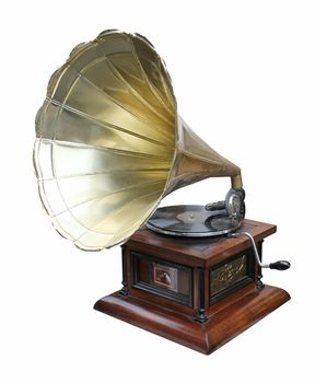 An old brass horn gramophone and record.