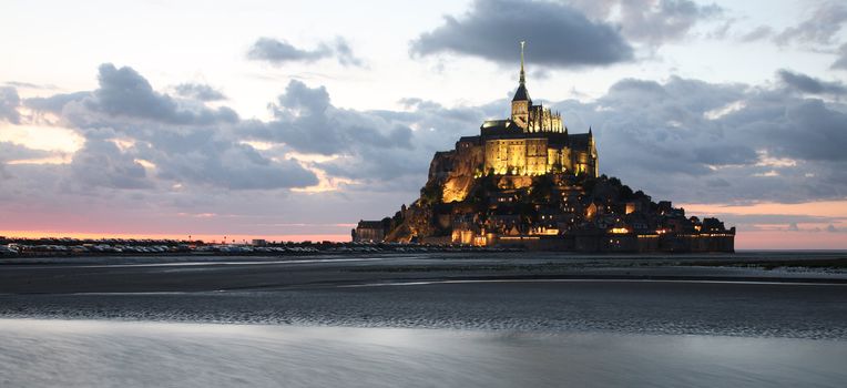 Le Mont-Saint-Michel in the twilight, panoramic view