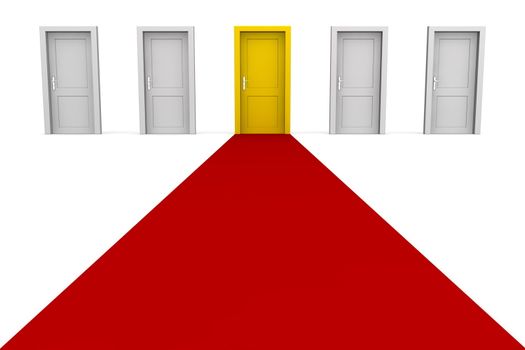 line of five doors, one yellow door in the middle - red carpet to the green door