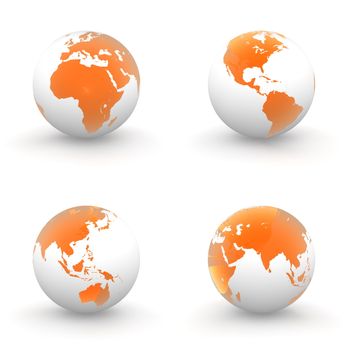 four views of a 3D globe with transparent orange continents and a white ocean