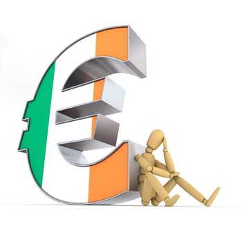 doll/lay figure sitting at/next to a metal Euro sign wondering - euro surface is textured with the irish flag