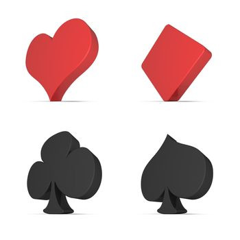 classic card signs - shiny red and black card symbol on white background - heart, diamonds, clubs, spades