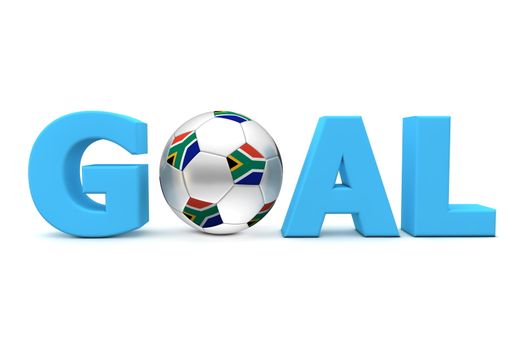 blue word GOAL with football/soccer ball replacing letter O - south african flag on the shiny ball