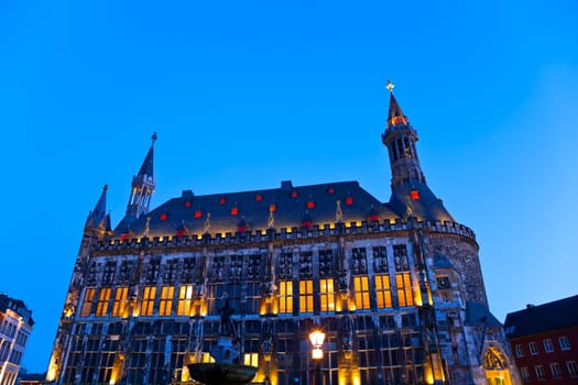 The townhall in the German city Aachen at the blue hour.