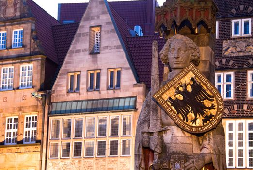 Illuminated Statue of Roland in Bremen (shortly after sunset)
