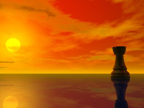black chess rook on sun rising background - 3d illustration