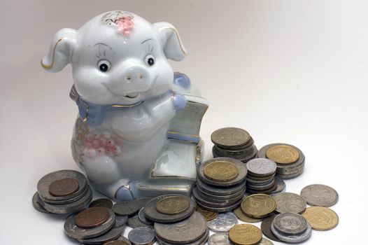 Piggy bank swine. Coin pile isolated on white background.