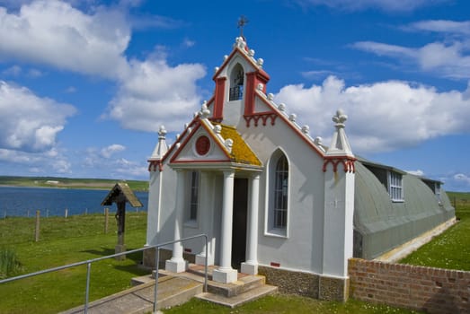 Italian Chapel on Orkney on a beautiful day