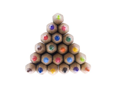 Front view of several colored pencils forming a pyramid.