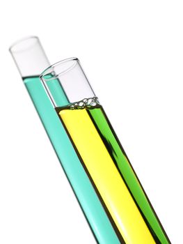 Two test tubes filled with colored liquids. Isolated on white.