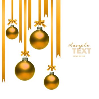 Christmas balls hanging with ribbons on white background