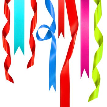 Colored ribbons hanging down on white background