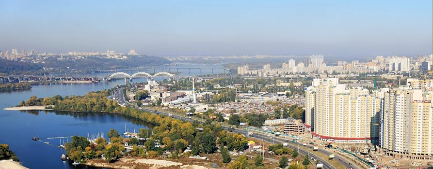 aerial view on the left and right banks of the river Dnipro. Kiev. Ukraine