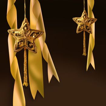 Gold christmas star with ribbons against dark background