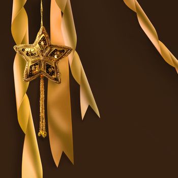 Gold christmas star with ribbons against dark background