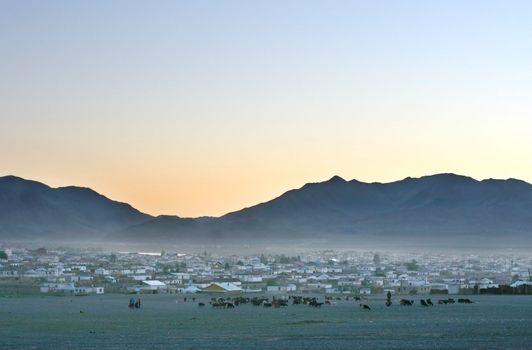 Traditional Mongolian village at sunset