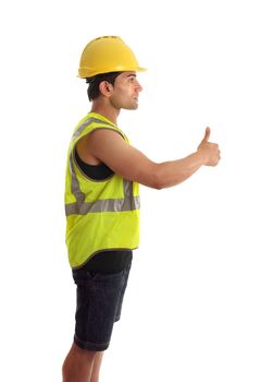 A construction worker, builder or other handyman or tradesman giving a thumbs up gesture.  White background.