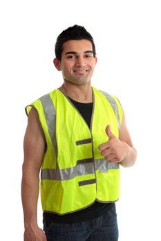 Confident builder,  handyman, tradesman, repairman, giving a thumbs up approval success gesture.   White background