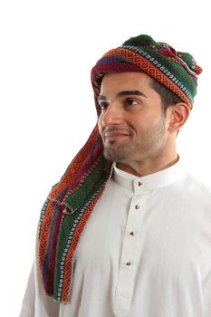 An ethnic  middle easter arab man smiling.  White background.