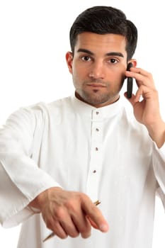 An arab middle eastern ethnic man pointing his finger.  He is wearing a traditional white robe eg kurta dishdasha.  White background.