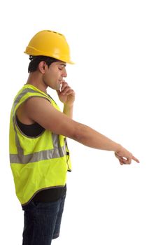 Construction worker or builder pointing down.    Also suitable for your message.  White background.
