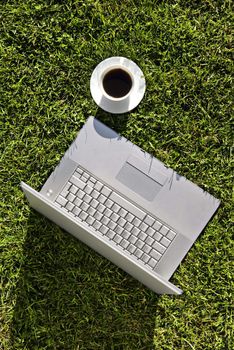 computer and coffee on the grass, summer time, garden