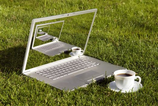 computer and coffee on the grass, summer time, garden