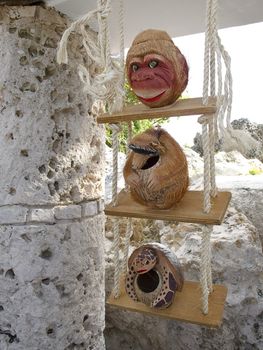 Coconut shells carved into animal shape cups on a outdoor display