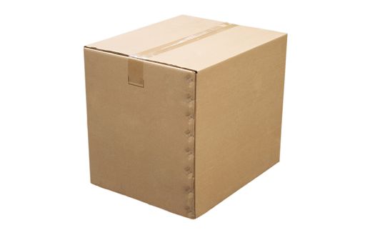 front view of closed cardboard box on white background