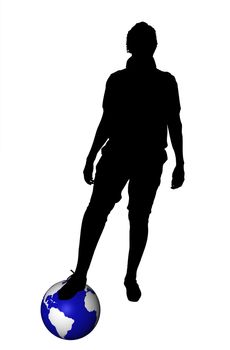 Black silhouette of football player with foot on world