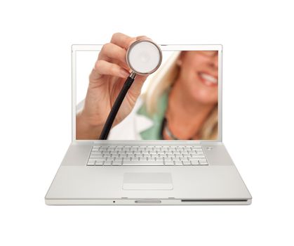 Female Doctor Holding Stethoscope Through Laptop Screen Isolated on a White Background.