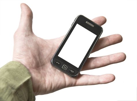 The hand holding a cell phone touchscreen. White background. White screen of the device. Isolation.