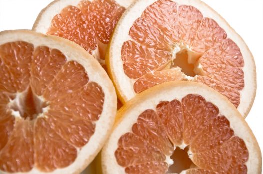 Cut slices of ripe, juicy fresh oranges. Isolation on white background.