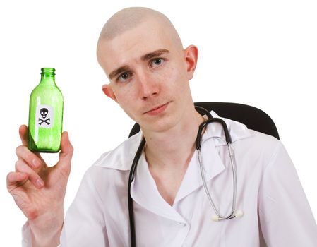 Man in white doctor's smock demonstrates bottle with sticker of the poison