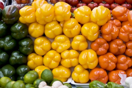 Multicolored particulars vegetables on the grocery market. Multicolored and freshness. Close-up, blurred focus