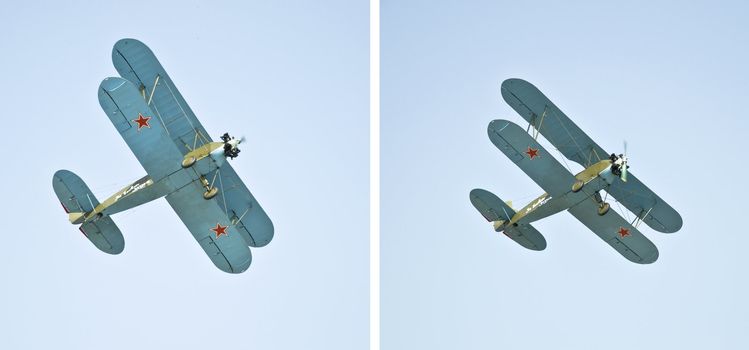 Soviet aircraft of World War II. Biplane in the air against the blue sky.