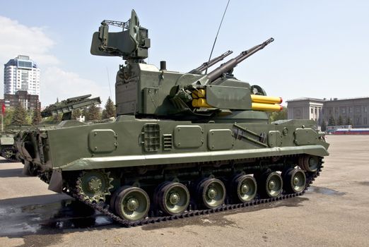 Heavy Russian tank in the city of Samara on the Victory Day parade