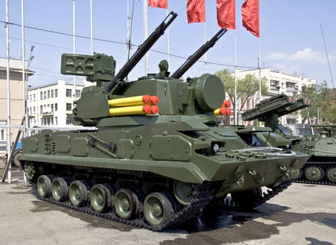 Heavy Russian tank on the victory parade in Samara. Modern weapons of Russia.